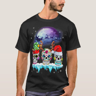 Sugars Skulls Christmas Deer Santa Hat Merry Chris T-Shirt