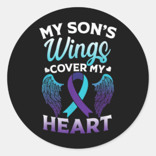 Suicide Awareness Memory Of Son Wings Cover Heart  Classic Round Sticker