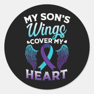 Suicide Awareness Memory Of Son Wings Cover Heart  Classic Round Sticker