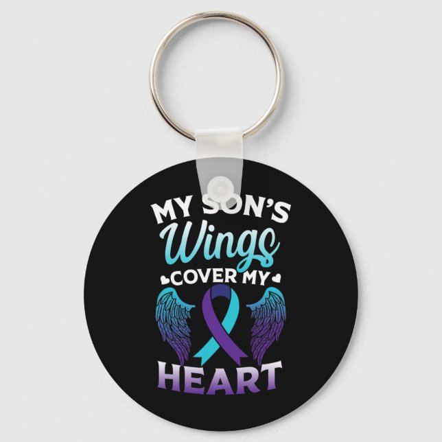 Suicide Awareness Memory Of Son Wings Cover Heart  Key Ring (Front)