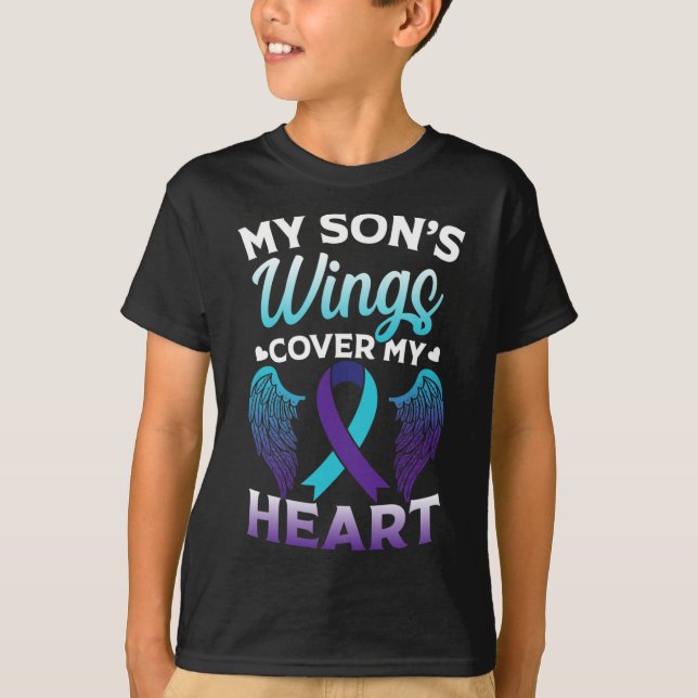 Suicide Awareness Memory Of Son Wings Cover Heart  T-Shirt (Front)