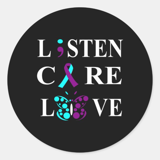 Suicide Awareness Semicolon Purple Teal Ribbon Gif Classic Round Sticker (Front)