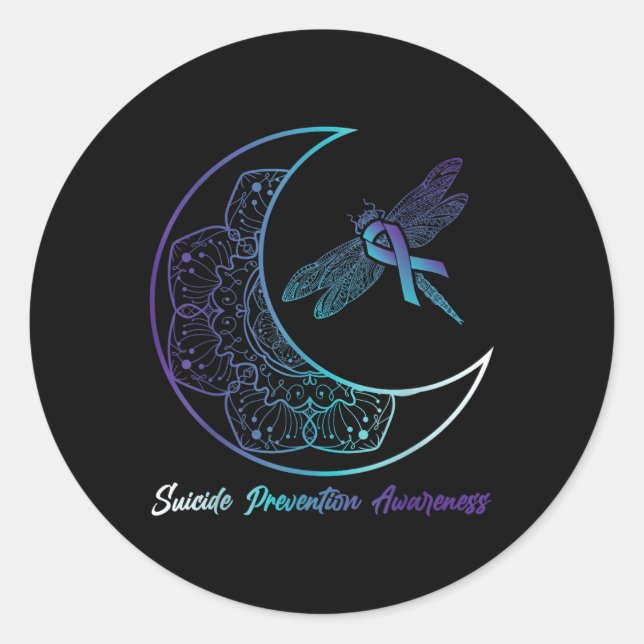 Suicide Depression Moon Dragonfly Prevention Aware Classic Round Sticker (Front)