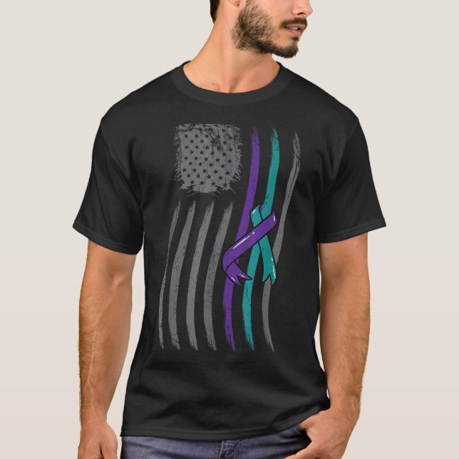 Suicide Prevention American Flag Purple Awareness  T-Shirt (Front)