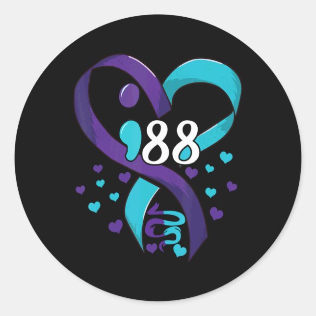 Suicide Prevention Awareness 988 Heart Teal And Pu Classic Round Sticker (Front)