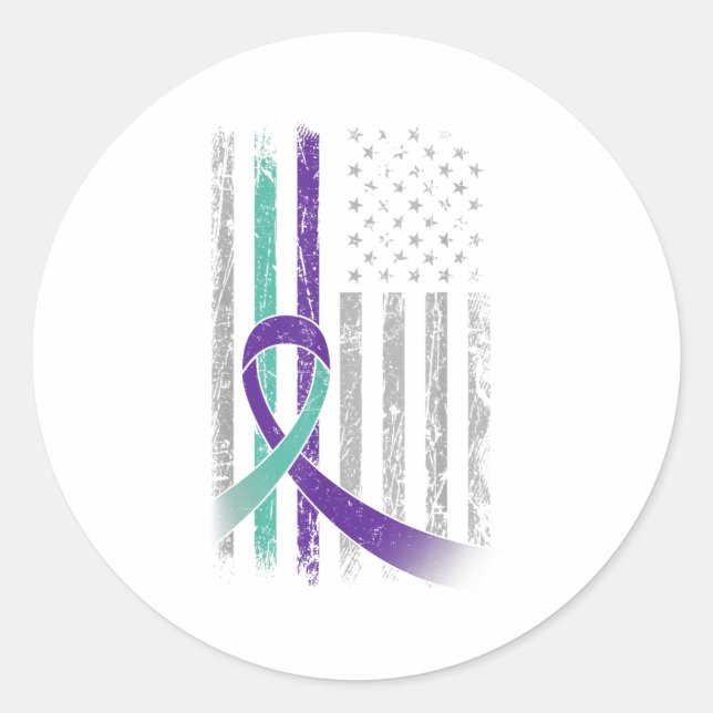 Suicide Prevention Awareness America Flag Teal Pur Classic Round Sticker (Front)