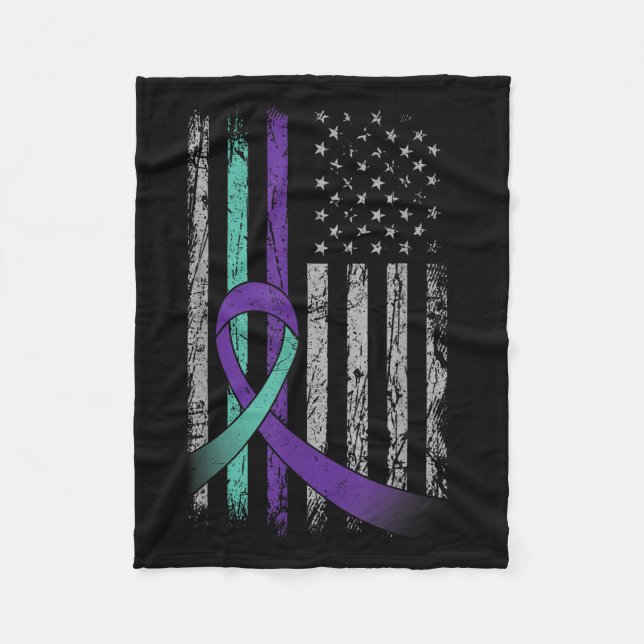 Suicide Prevention Awareness America Flag Teal Pur Fleece Blanket (Front)