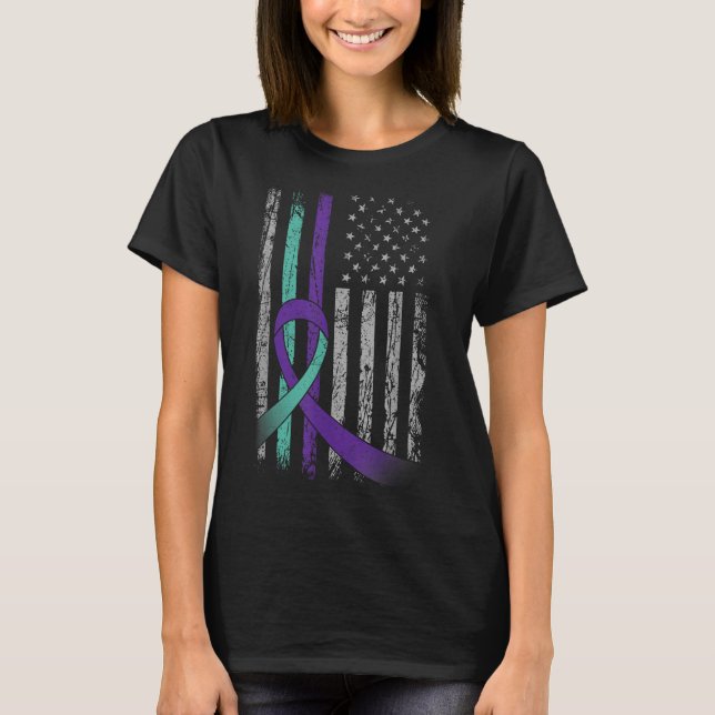 Suicide Prevention Awareness America Flag Teal Pur T-Shirt (Front)