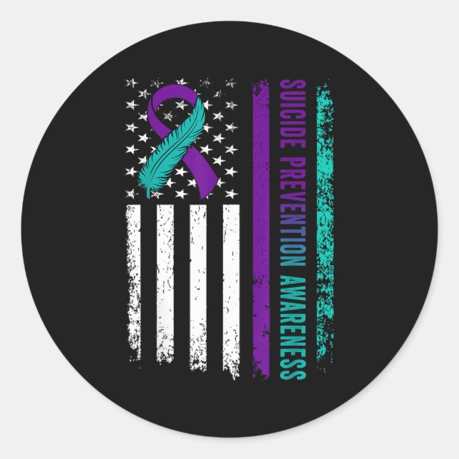 Suicide Prevention Awareness American Flag Ribbon  Classic Round Sticker (Front)