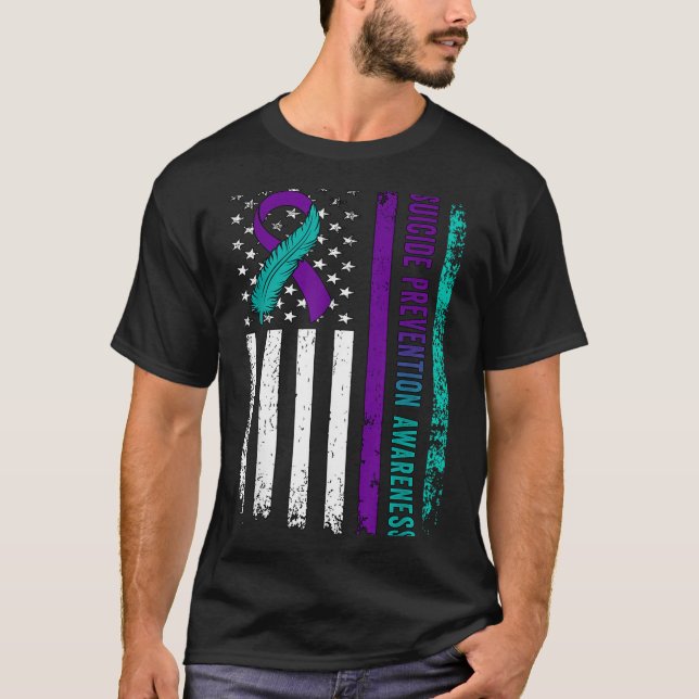 Suicide Prevention Awareness American Flag Ribbon  T-Shirt (Front)