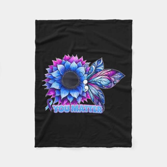 Suicide Prevention Awareness Butterfly Semicolon  Fleece Blanket (Front)