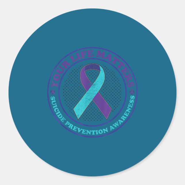 Suicide Prevention Awareness Teal &amp; Purple Rib Classic Round Sticker (Front)