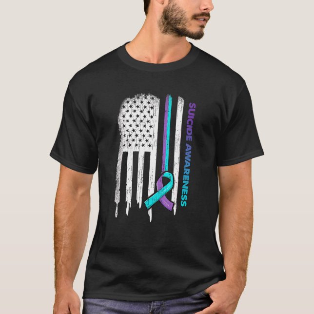 Suicide Prevention Awareness Usa Flag Ribbon Purpl T-Shirt (Front)