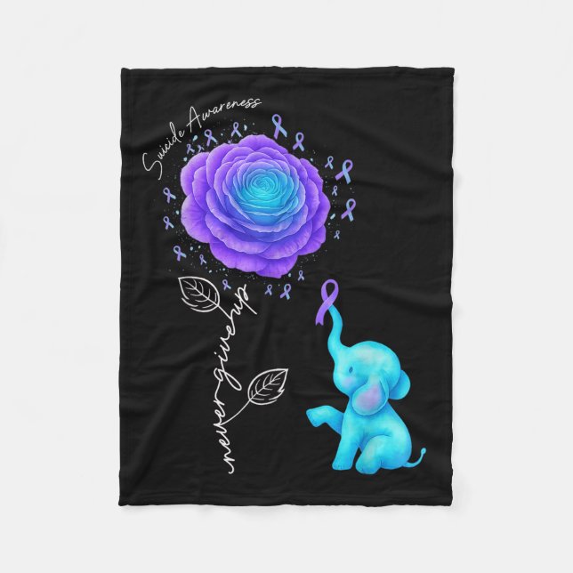 Suicide Prevention Teal Purple Flower Elephant Rib Fleece Blanket (Front)
