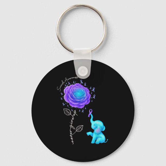 Suicide Prevention Teal Purple Flower Elephant Rib Key Ring (Front)