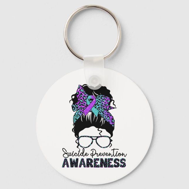 Suicide Prevention Warrior Messy Bun Suicide Aware Key Ring (Front)