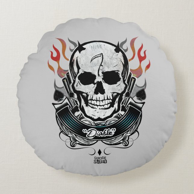 Suicide Squad | Diablo Skull & Flames Tattoo Art Round Cushion (Front)