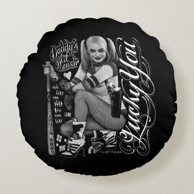 Suicide Squad | Harley Quinn Typography Photo Round Cushion (Front)