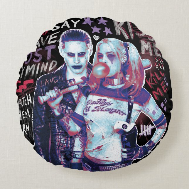 Suicide Squad | Joker & Harley Typography Photo Round Cushion (Front)