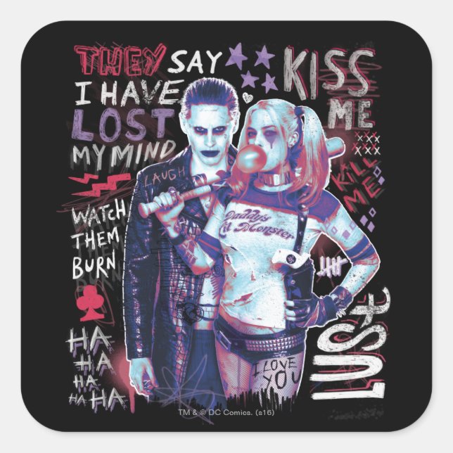 Suicide Squad | Joker & Harley Typography Photo Square Sticker (Front)