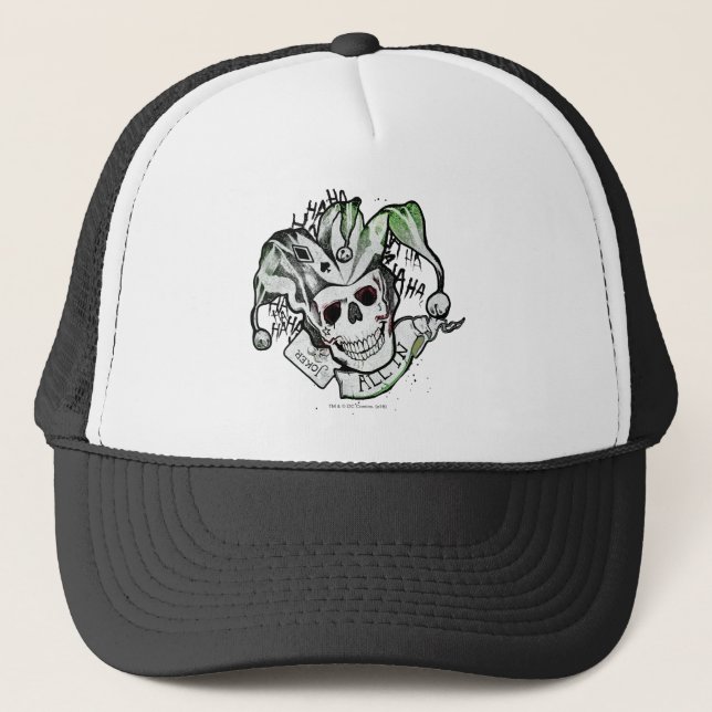 Suicide Squad | Joker Skull "All In" Tattoo Art Trucker Hat (Front)