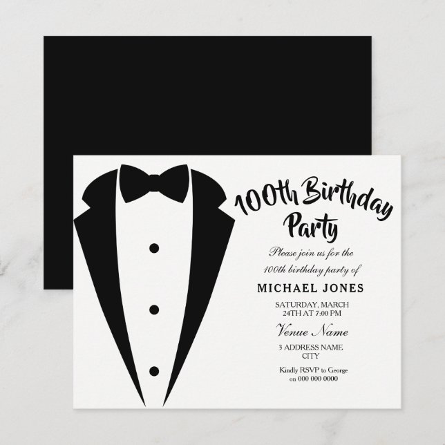 Suit & Tie mens 100th birthday party invitation (Front/Back)