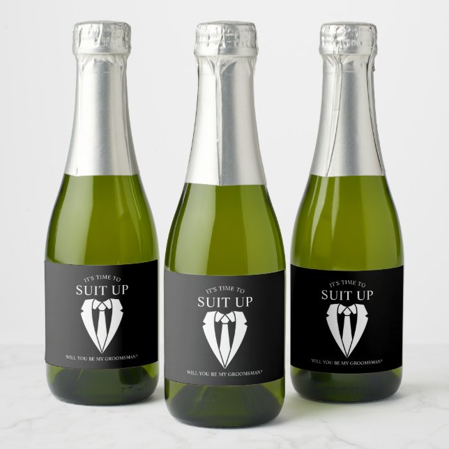 "SUIT UP" Black Suit and Tie Groomsman Proposal Sparkling Wine Label (Bottles)