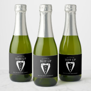 "SUIT UP" Black Tuxedo Suit Groomsman Proposal Sparkling Wine Label