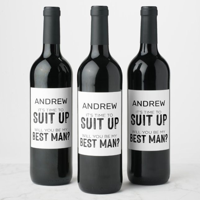 Suit Up Groomsman Best Man Wedding Party Asking Wine Label (Bottles)