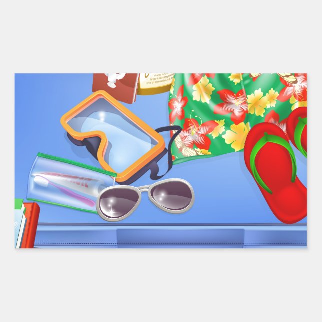 Suitcase and vacation items rectangular sticker (Front)