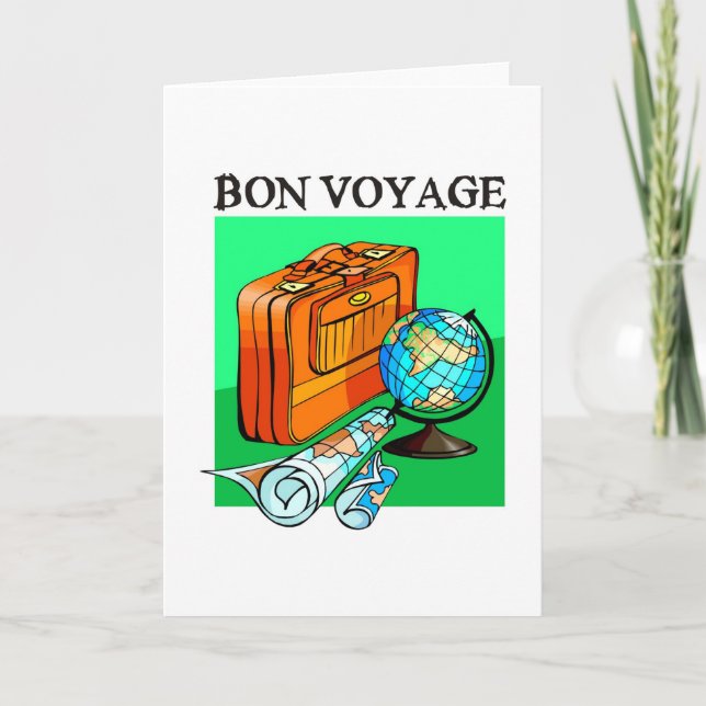 Suitcase, luggage, map and globe: Bon Voyage! Holiday Card (Front)
