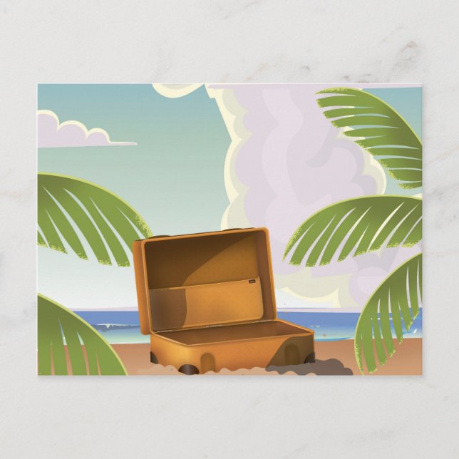 Suitcase open on a Beach Postcard (Front)