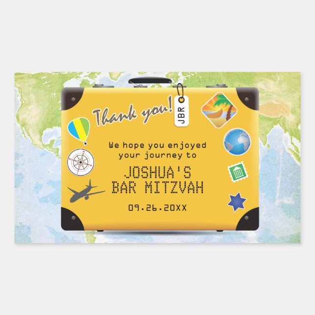 Suitcase World Travel Themed Bar Bat Mitzvah Rectangular Sticker (Front)