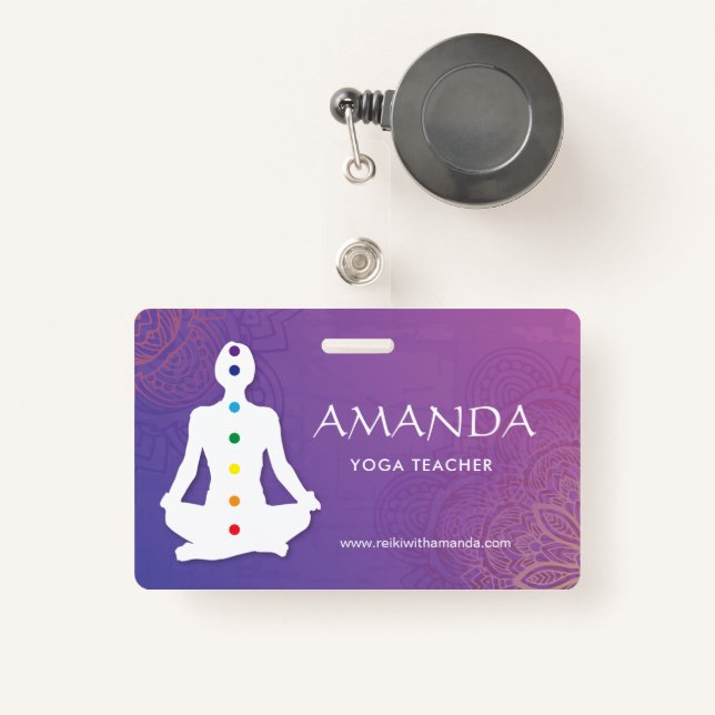 Sukhasna Pose Purple Mandala Chakra Name Badge ID Badge (Front with Retractable)