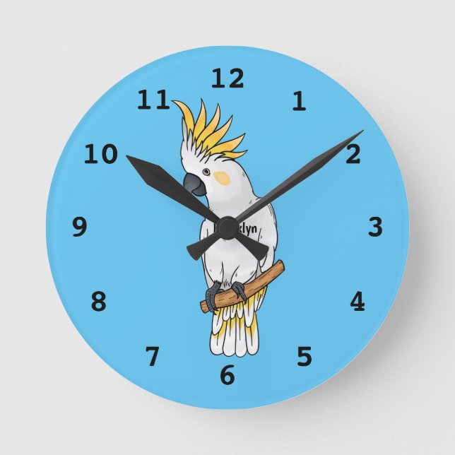 Sulfur-crested cockatoo bird cartoon illustration round clock (Front)