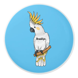 Sulphur-crested cockatoo bird cartoon illustration ceramic knob