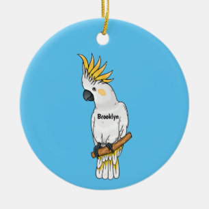 Sulphur-crested cockatoo bird cartoon illustration ceramic tree decoration