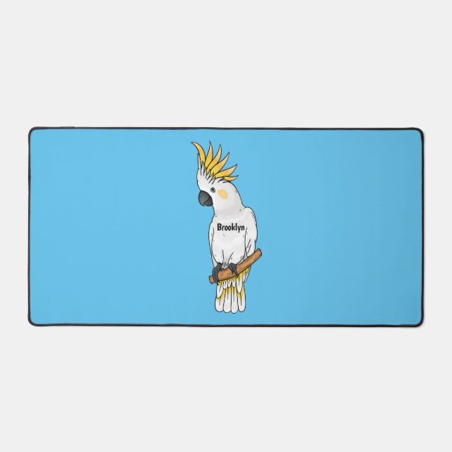 Sulphur-crested cockatoo bird cartoon illustration desk mat (Front)