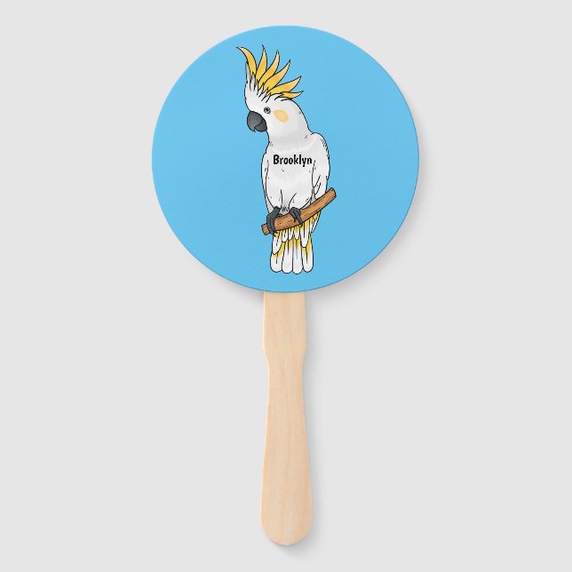 Sulphur-crested cockatoo bird cartoon illustration hand fan (Front)