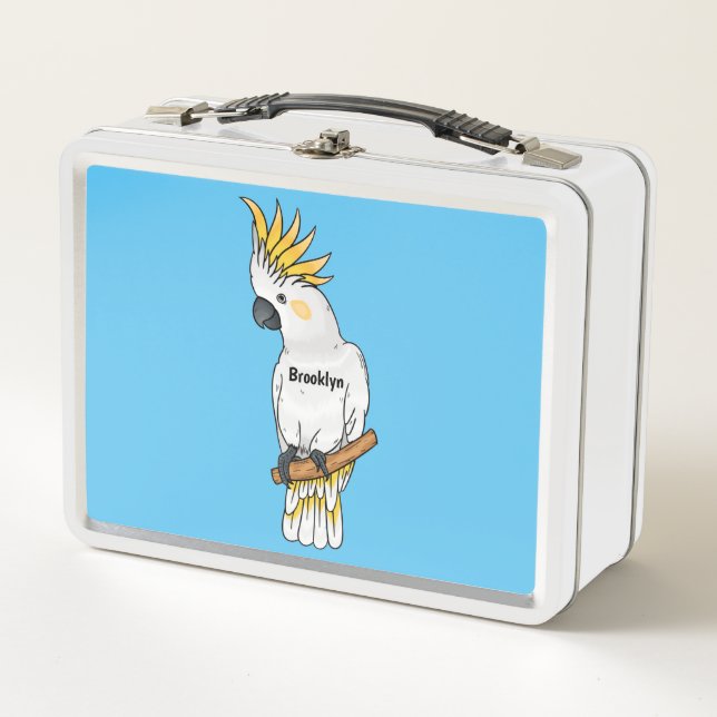 Sulphur-crested cockatoo bird cartoon illustration metal lunch box (Front)