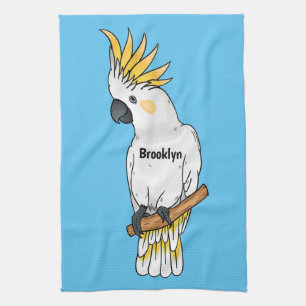 Sulphur-crested cockatoo bird cartoon illustration tea towel