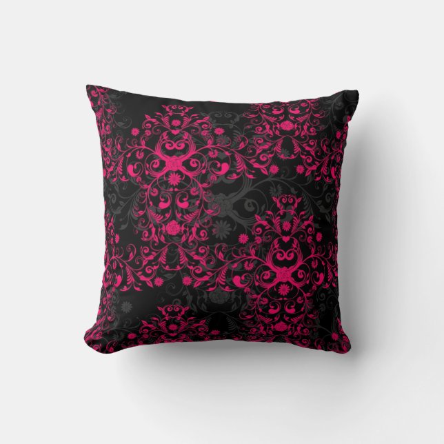 Sultry Flaming Pink and Black Floral Damask Cushion (Front)