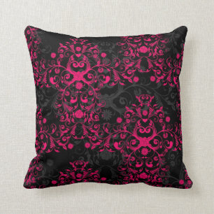 Sultry Flaming Pink and Black Floral Damask Cushion