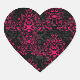 Sultry Flaming Pink and Black Floral Damask Heart Sticker
