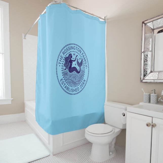 Sultry Mermaid in Waves Family Name Date Estd NTLB Shower Curtain (In Situ)
