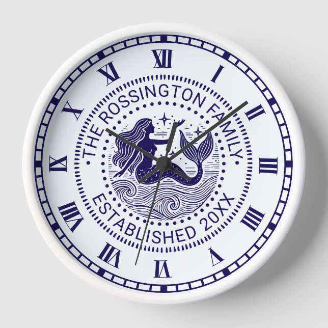 Sultry Mermaid Ocean Waves Family Name Date Estd N Clock (Front)