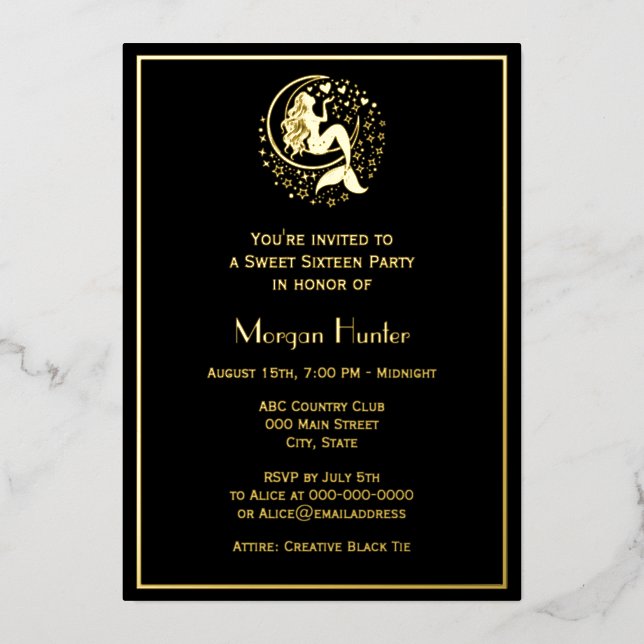 Sultry Mermaid on Crescent Moon Sweet Sixteen Foil Holiday Card (Front)