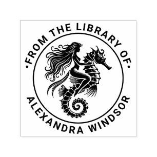 Sultry Mermaid Riding Seahorse Library Book Name Self-inking Stamp