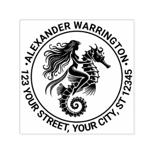 Sultry Mermaid Riding Seahorse Name Return Address Self-inking Stamp