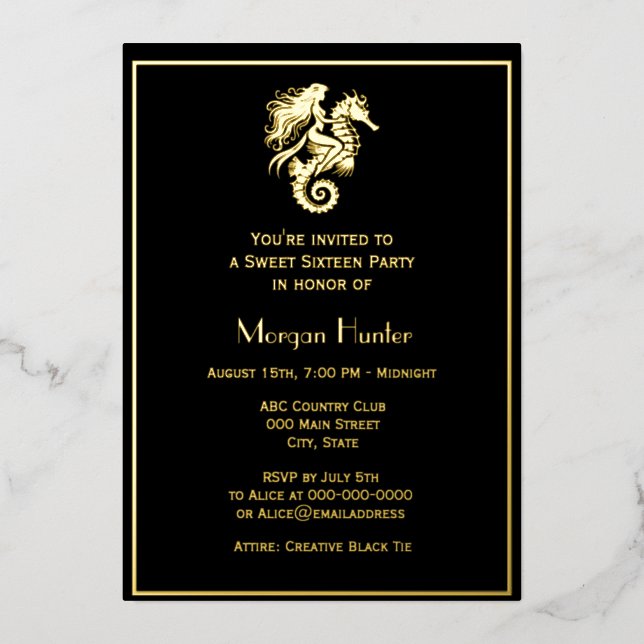 Sultry Mermaid Riding Seahorse Sweet Sixteen Foil Holiday Card (Front)